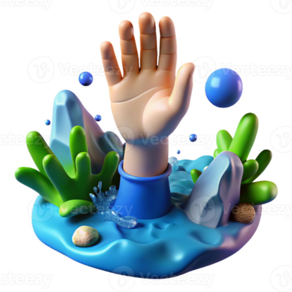 3D Cartoon Hand Reaching Up from Water, Blue Abstract Background Illustration png