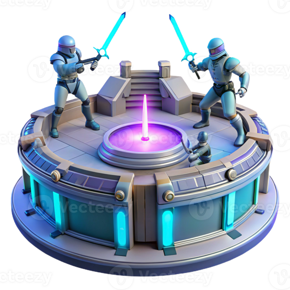 Sci-Fi Duel Futuristic Arena Combat A thrilling 3D render of a sci-fi duel in a futuristic arena, blending advanced technology with intense action. png
