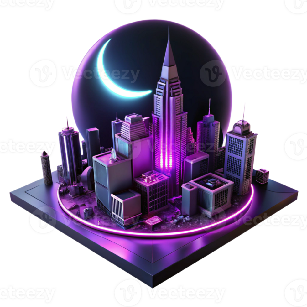 Neon City Nightscape with a Crescent Moon in a Futuristic Three Dimensional Scene of Urban Design png