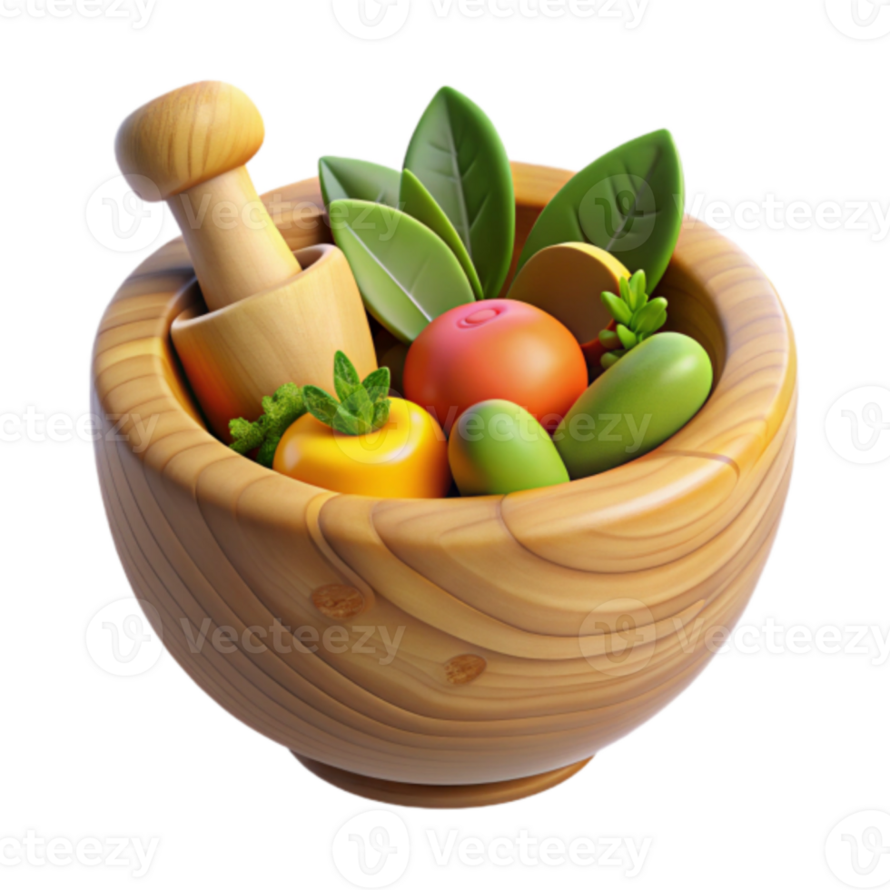 Vibrant 3D Render of Wooden Mortar and Pestle with Colorful Fruits and Herbs png