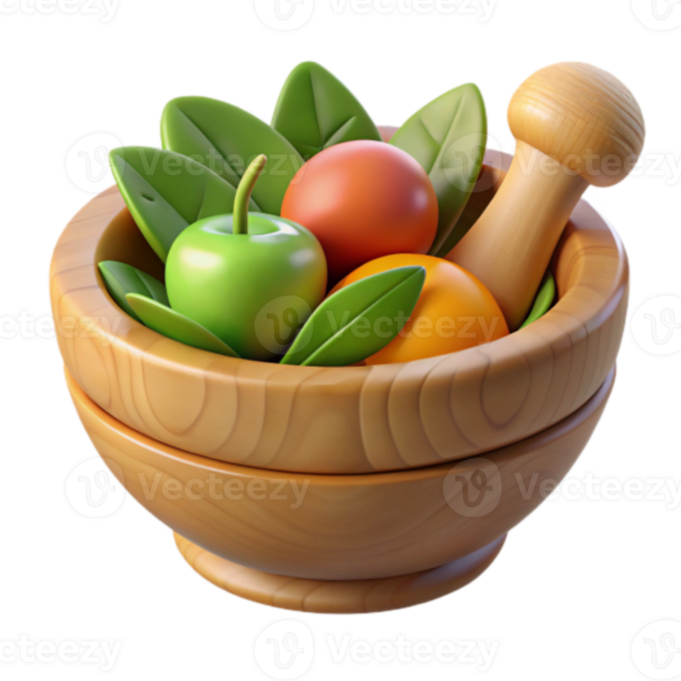 3D Render Wooden Mortar Colorful Fruits and Leaves Illustration png