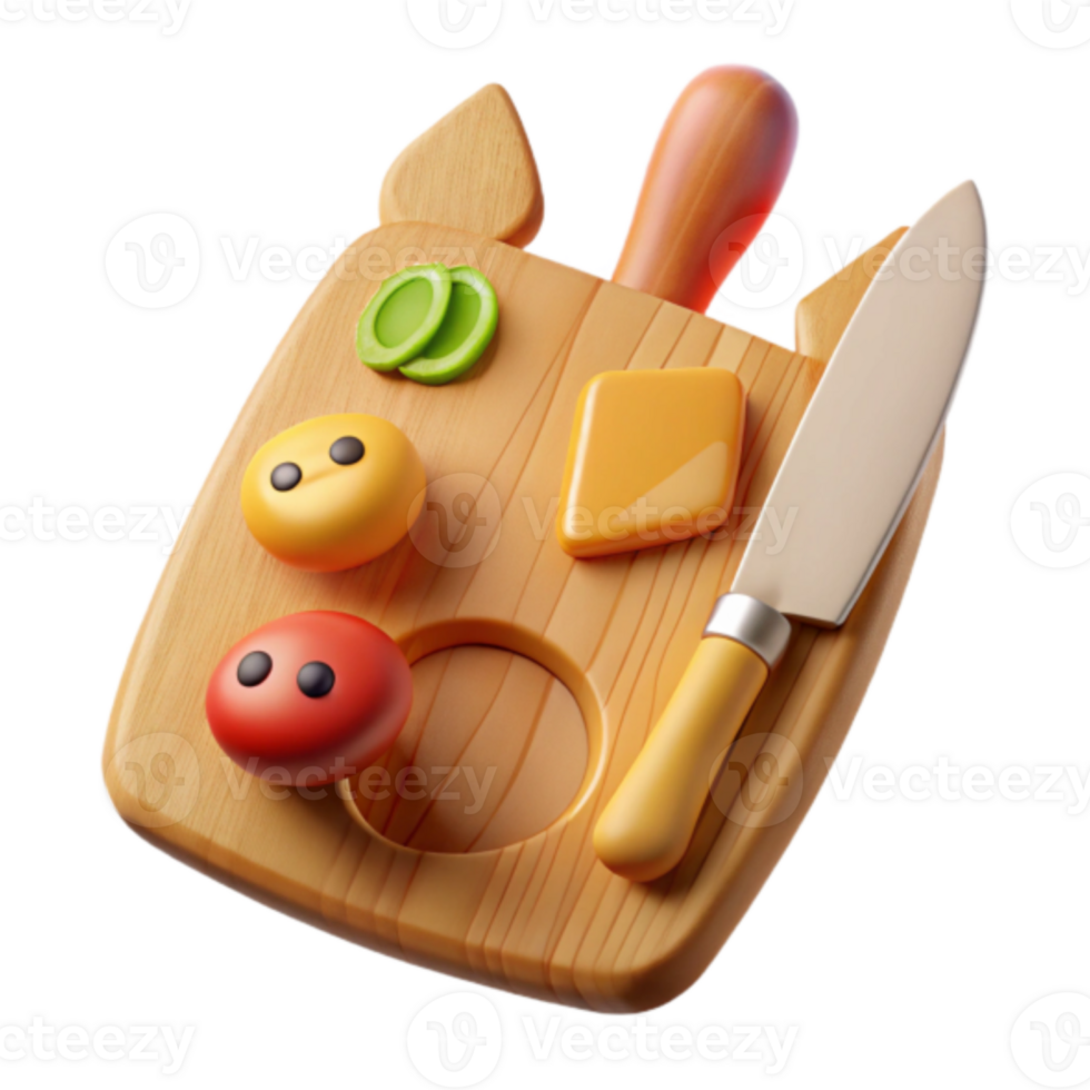 Playful 3D Render of a Wooden Cutting Board with Cartoon Food png