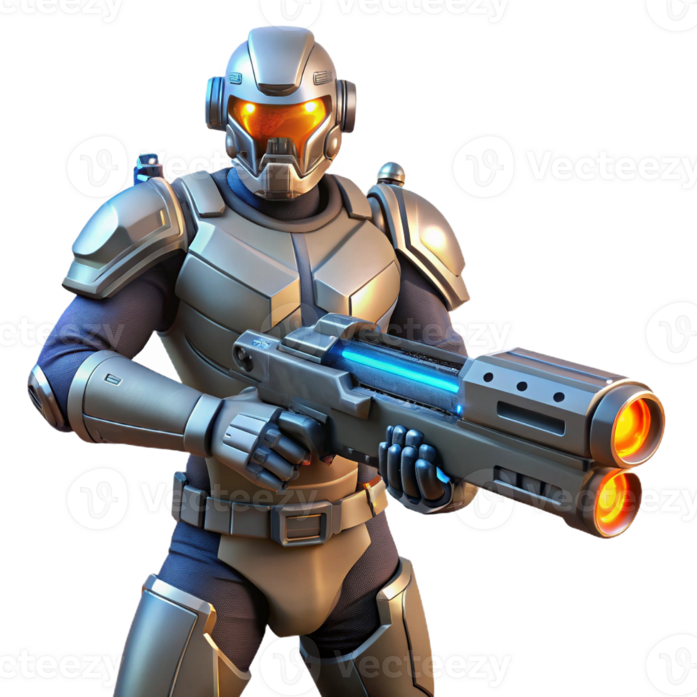 Future Soldier Advanced Combat Gear A dynamic 3D render of a future soldier in advanced combat gear, blending advanced technology with intense action. png