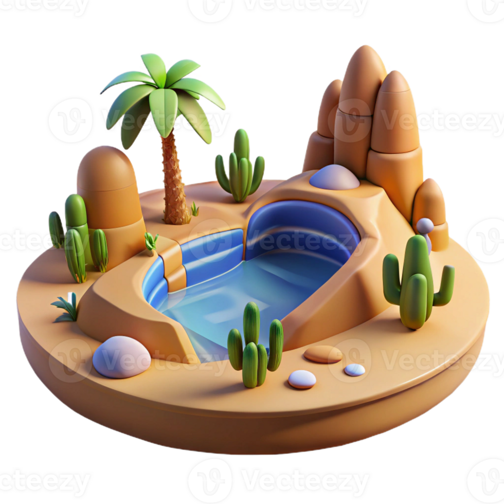 Desert Oasis 3D Render A serene depiction of an oasis navigating a world of deserts, captured in a stunning three-dimensional render. png