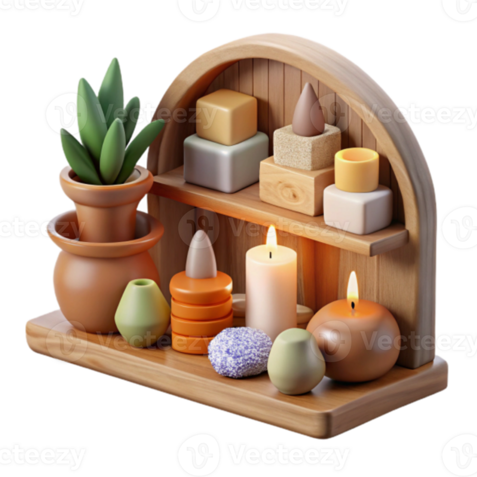 Serene 3D Render of Wooden Shelf with Candles, Plants, and Aromatherapy Items png