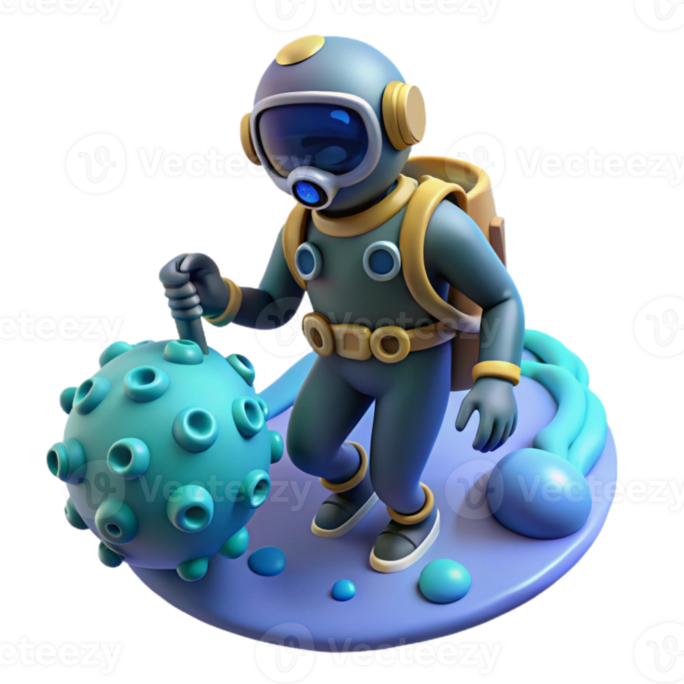 Astronaut Exploring Virus in a Futuristic Three Dimensional Scene of Adventure png
