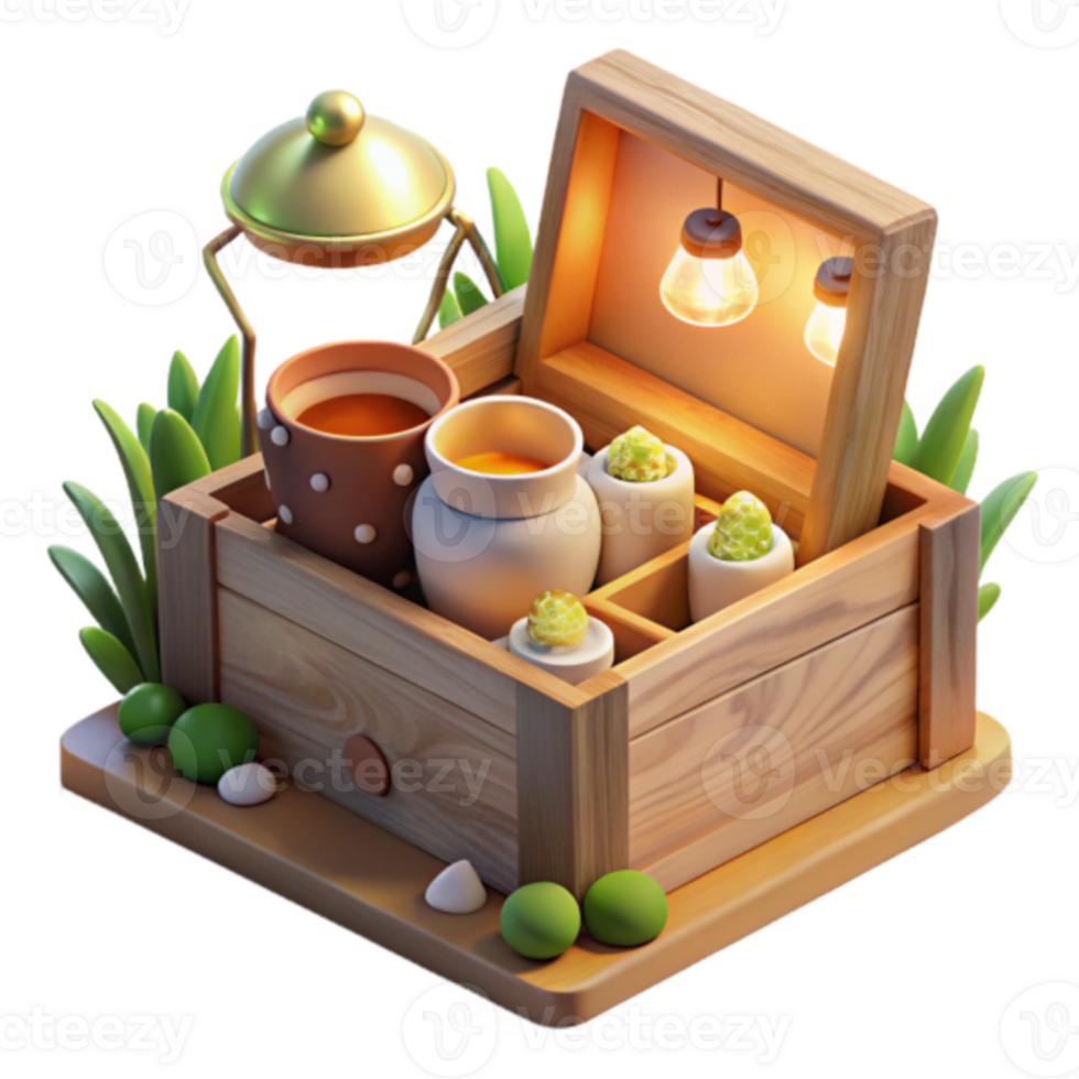 Wooden Crate 3D Render with Tea, Sweets, and Lights Illustration png