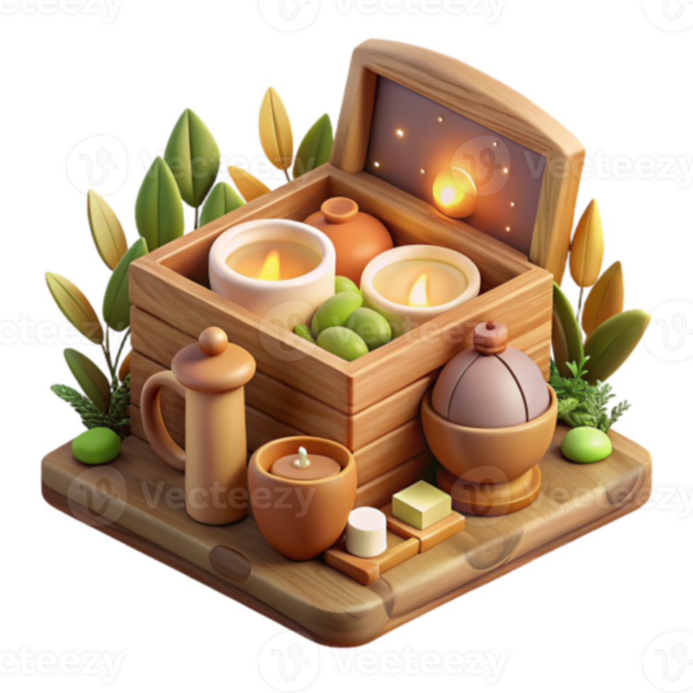Scenic 3D Render of Wooden Box with Candles, Herbs, and Aromatherapy Items png