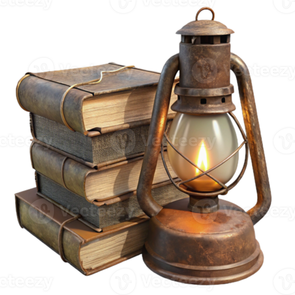 Rustic 3D Render of Antique Lantern and Stack of Books png