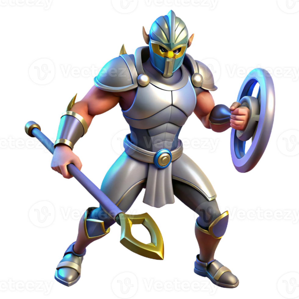 Fantasy Warrior with Spear and Shield - A dynamic depiction of a fantasy warrior armed with a spear and shield ready for battle in a mystical setting png