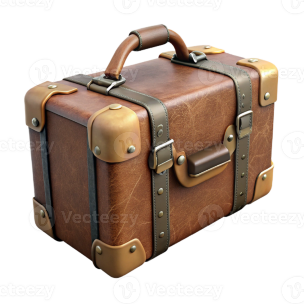 Vintage Brown Leather Suitcase 3D Render Illustration png