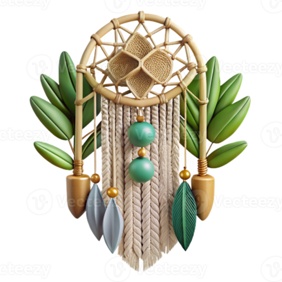 Dreamcatcher 3D Render, Beige and Green Bohemian Decor Illustration, Woven Macrame Wall Hanging Artwork, Natural Fiber Ornament, Spiritual Symbol, Relaxing Atmosphere png
