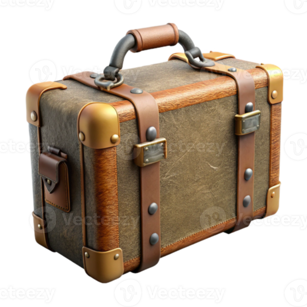 Vintage 3D Render of a Leather Travel Suitcase, Brown and Gold png