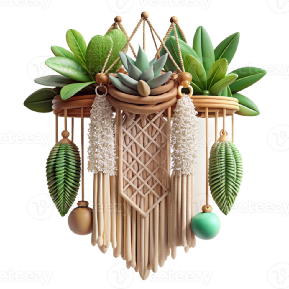 3D Render Macrame Wall Hanging with Succulents and Tropical Leaves Illustration png
