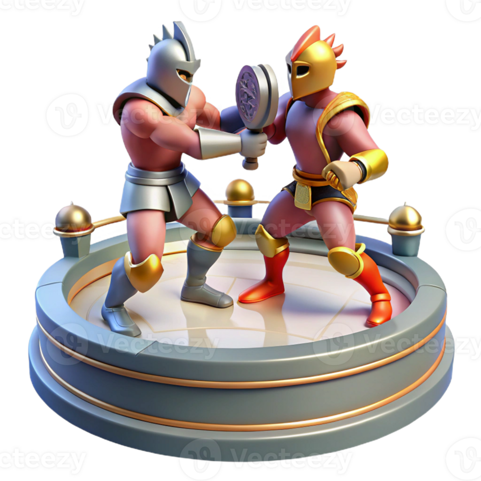 Warriors Dueling on Circular Stage A dynamic 3D render of warriors dueling on a circular stage, capturing the essence of intense action and historical warfare. png