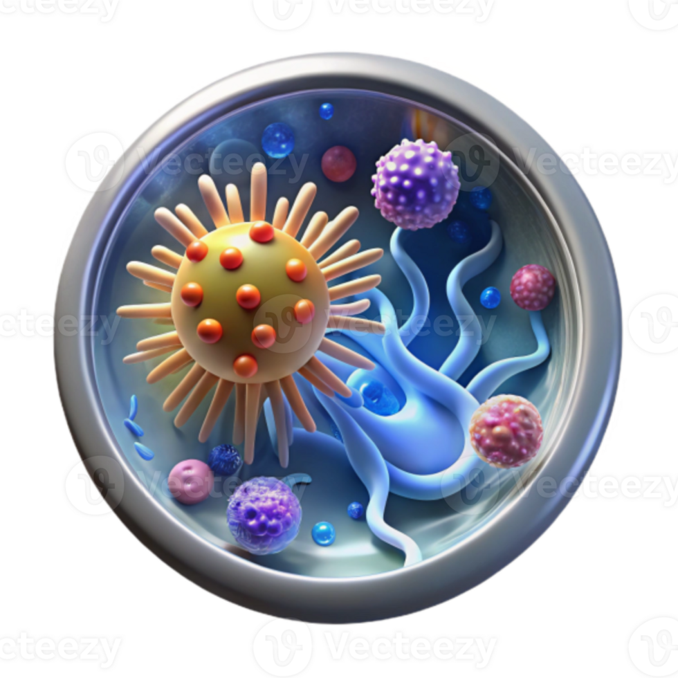 Microscopic 3D Illustration of Cell Culture, Colorful Virus, Bacteria, and Amoeba in Petri Dish png