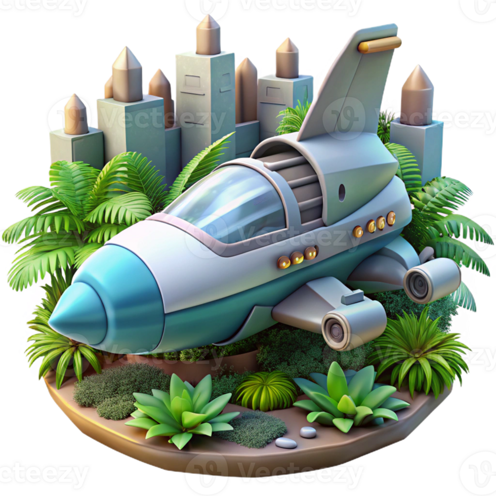 Spaceship Landing in Tropical City A futuristic 3D render of a spaceship landing in a vibrant tropical city, merging advanced technology with lush landscapes. png