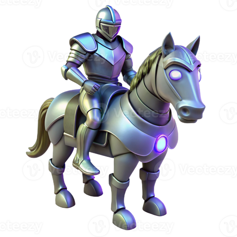 Knight on Robotic Steed A dynamic depiction of a knight navigating a world on a robotic steed, ready for battle in a digital world. png