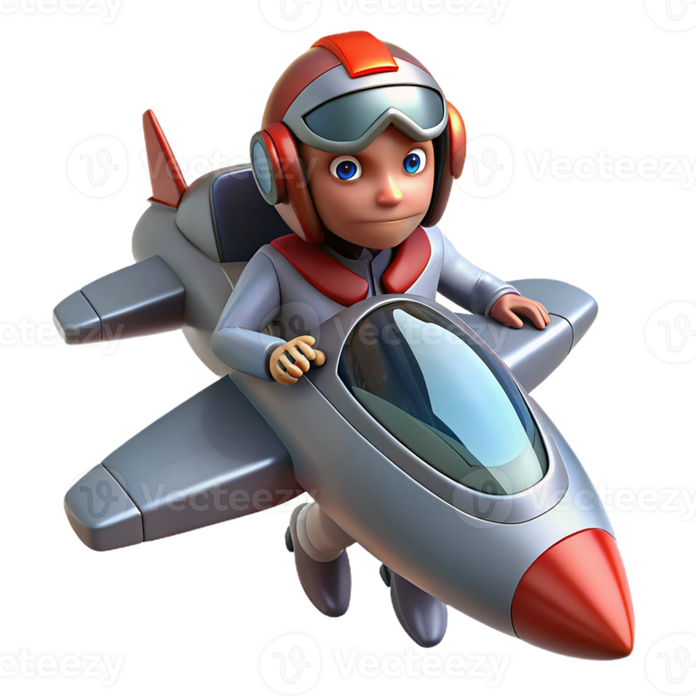 Kid Pilot Flying Futuristic Jet A playful 3D render of a kid pilot flying a futuristic jet, capturing the essence of adventure and youthful imagination. png