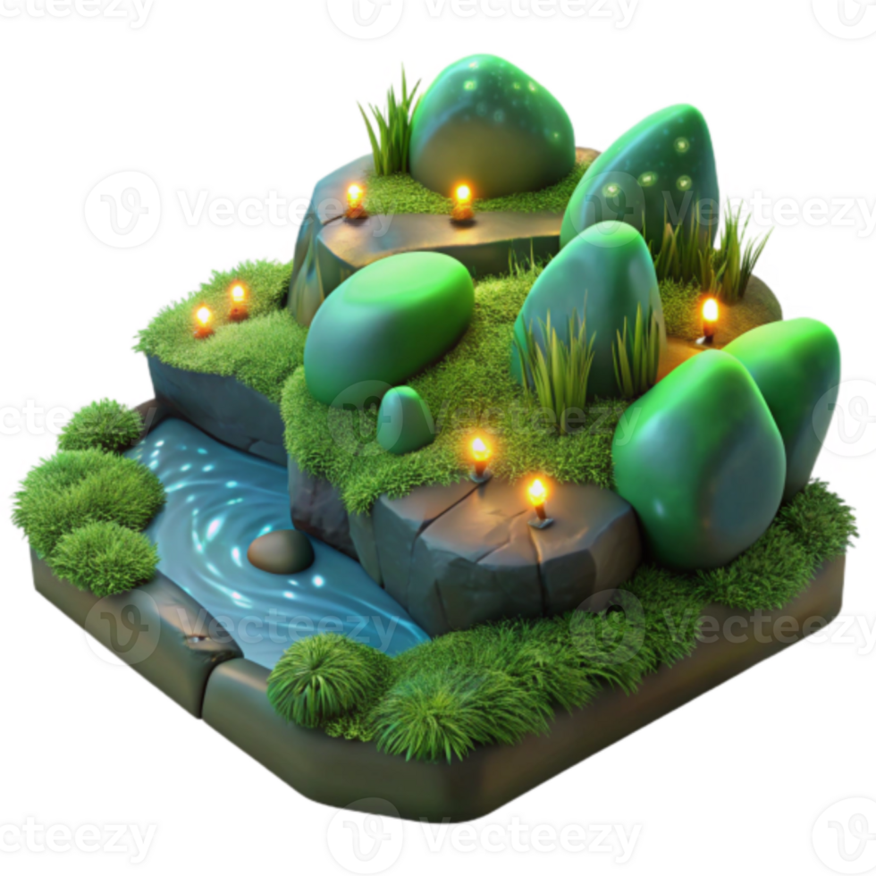 Enchanted 3D Render of a Mystical Landscape with Glowing Stones and Lush Greenery png