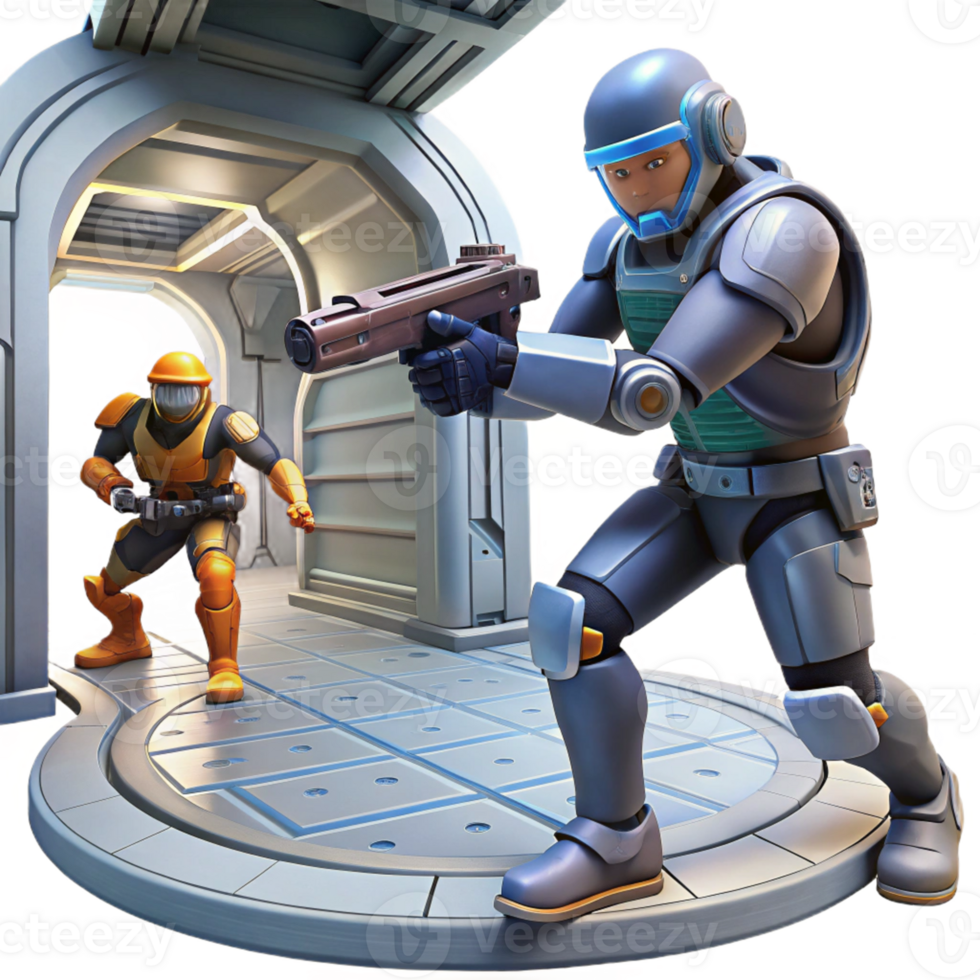 Futuristic Soldiers in Space Station A dynamic 3D render of futuristic soldiers in a space station, blending advanced technology with intense action. png