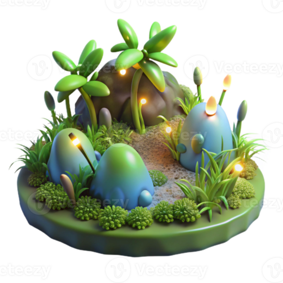 Enchanted 3D Island Landscape Illustration Glowing Rocks Lush Greenery png