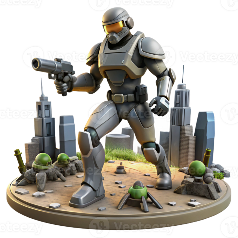 Future Soldier in Cityscape Diorama A dynamic diorama featuring a soldier navigating a cityscape, brought to life in a stunning three-dimensional render. png