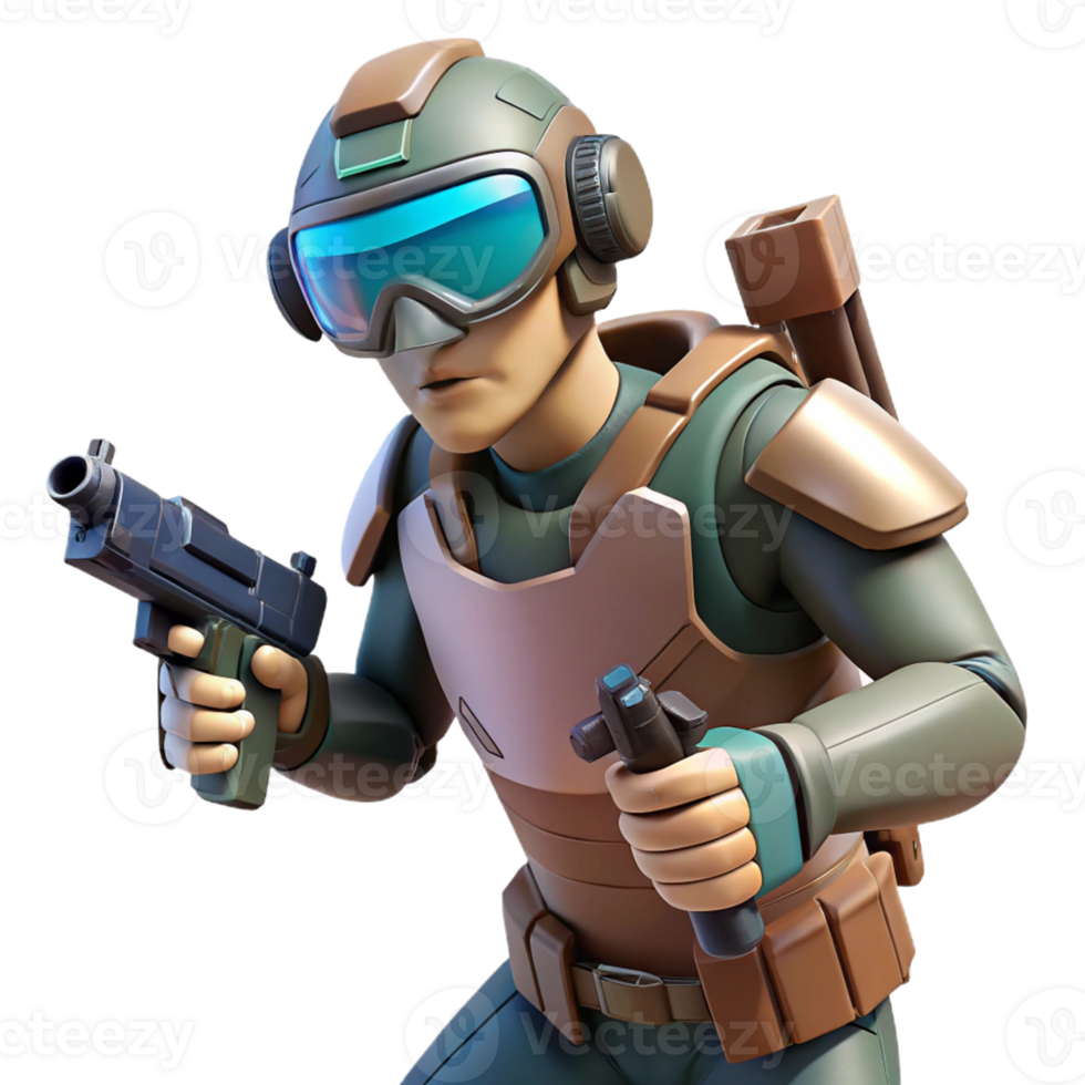 Futuristic Soldier Action Game A dynamic 3D render of a futuristic soldier in an action game, capturing the essence of intense action and advanced technology. png