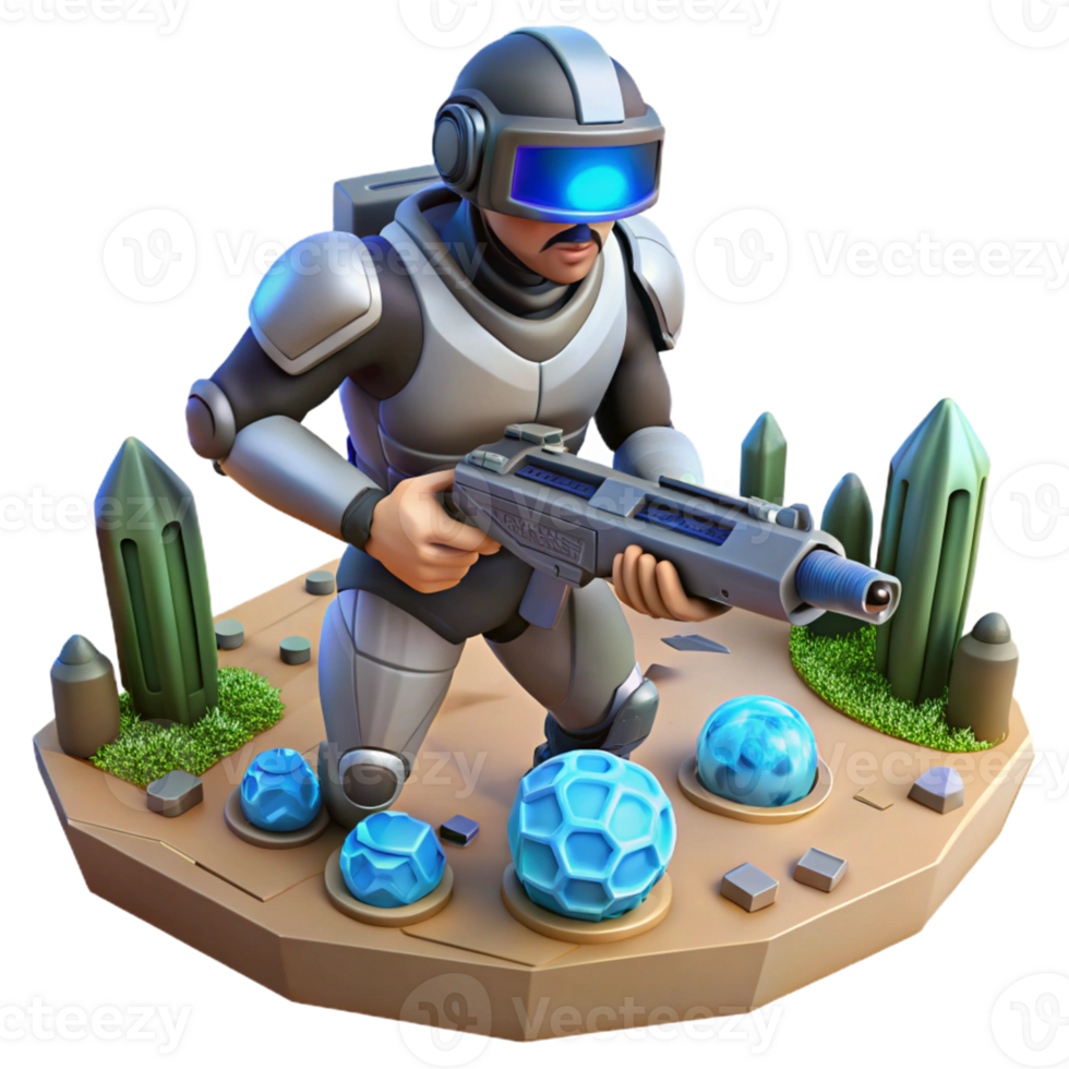Futuristic Soldier in Crystal Realm A dynamic depiction of a soldier navigating a world of crystal realms, ready for battle in a digital world. png