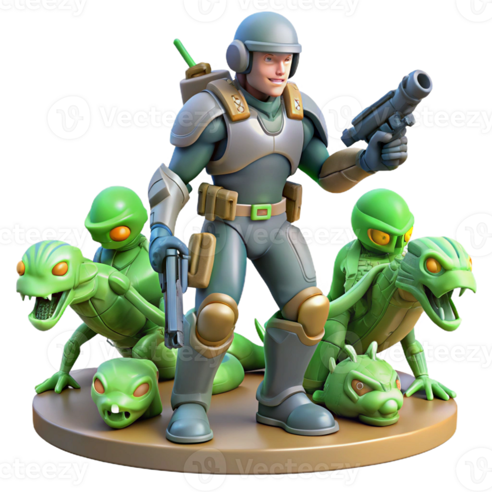 Space Trooper Alien Creatures A dynamic 3D render of a space trooper and alien creatures, capturing the essence of space adventure and intense action. png
