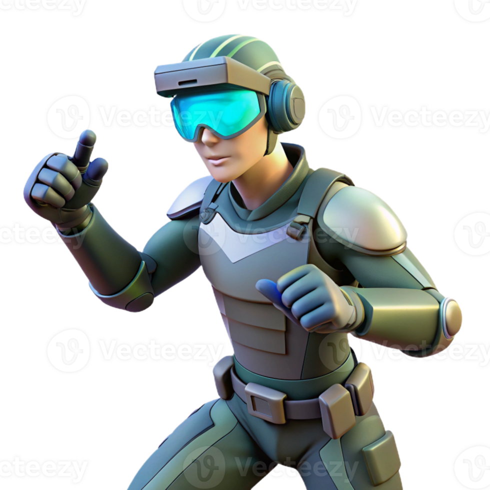 Future Soldier in VR Combat A dynamic depiction of a soldier navigating a world of VR combat, ready for battle in a digital world. png