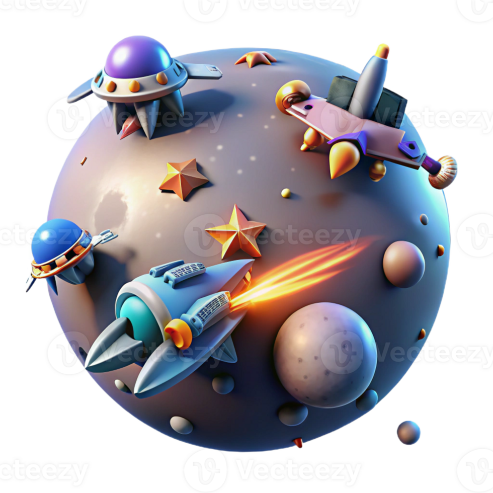 Cosmic Adventures with Spaceships and Planets in a Galactic Three Dimensional Scene of Exploration png