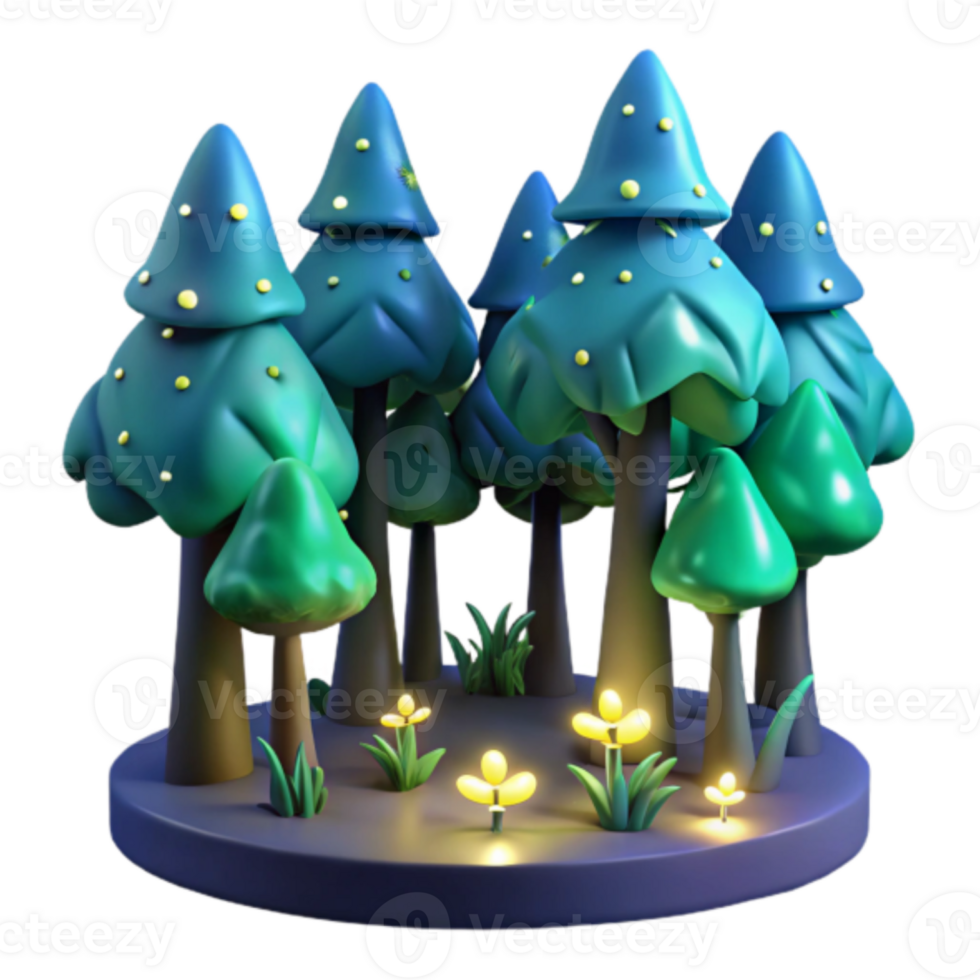 Enchanted 3D Forest Illustration Night Scene Glowing Flowers Cartoon Trees png
