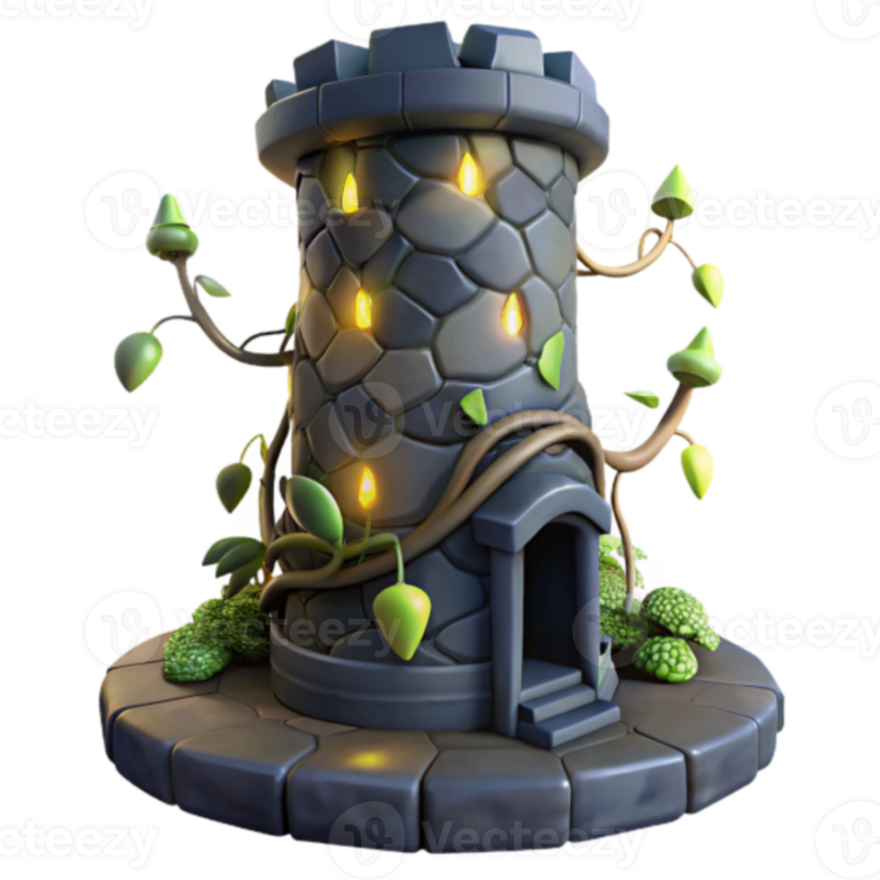 Enchanted Stone Tower 3D Render, Fantasy Game Asset, Magical Architecture, Ivy Covered Tower, Glowing Lights, Mysterious Building, Stonework Detail, Whimsical Design, Game Element png