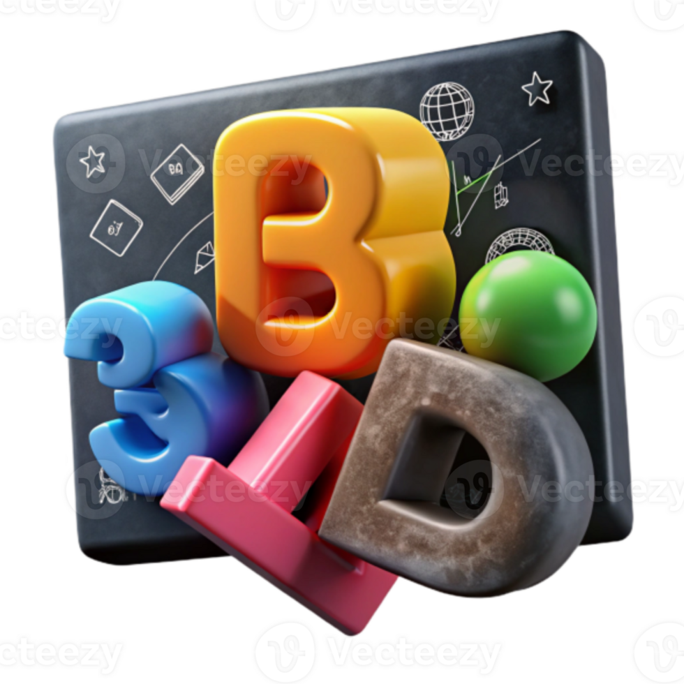 3D Render Colorful Letters and Numbers on Blackboard Background png