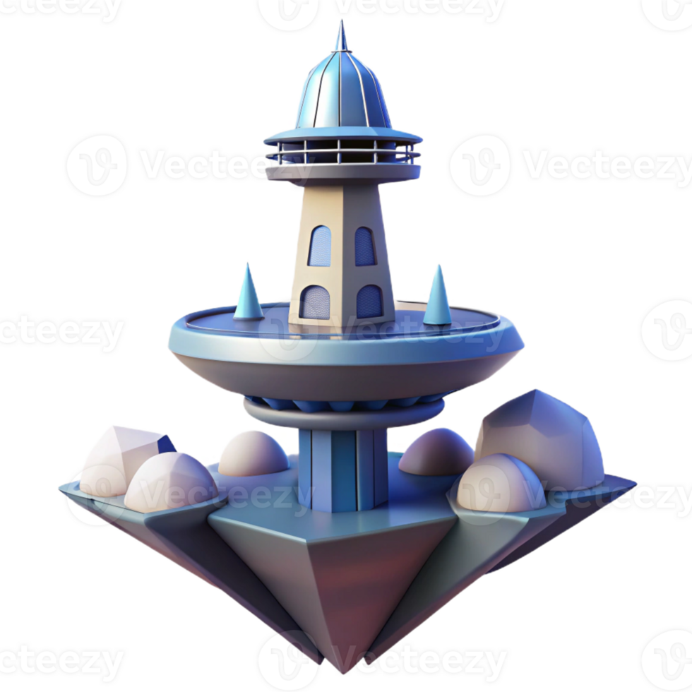 Futuristic Tower on Floating Island - A dynamic depiction of a futuristic tower situated on a floating island blending advanced technology with natural elements png