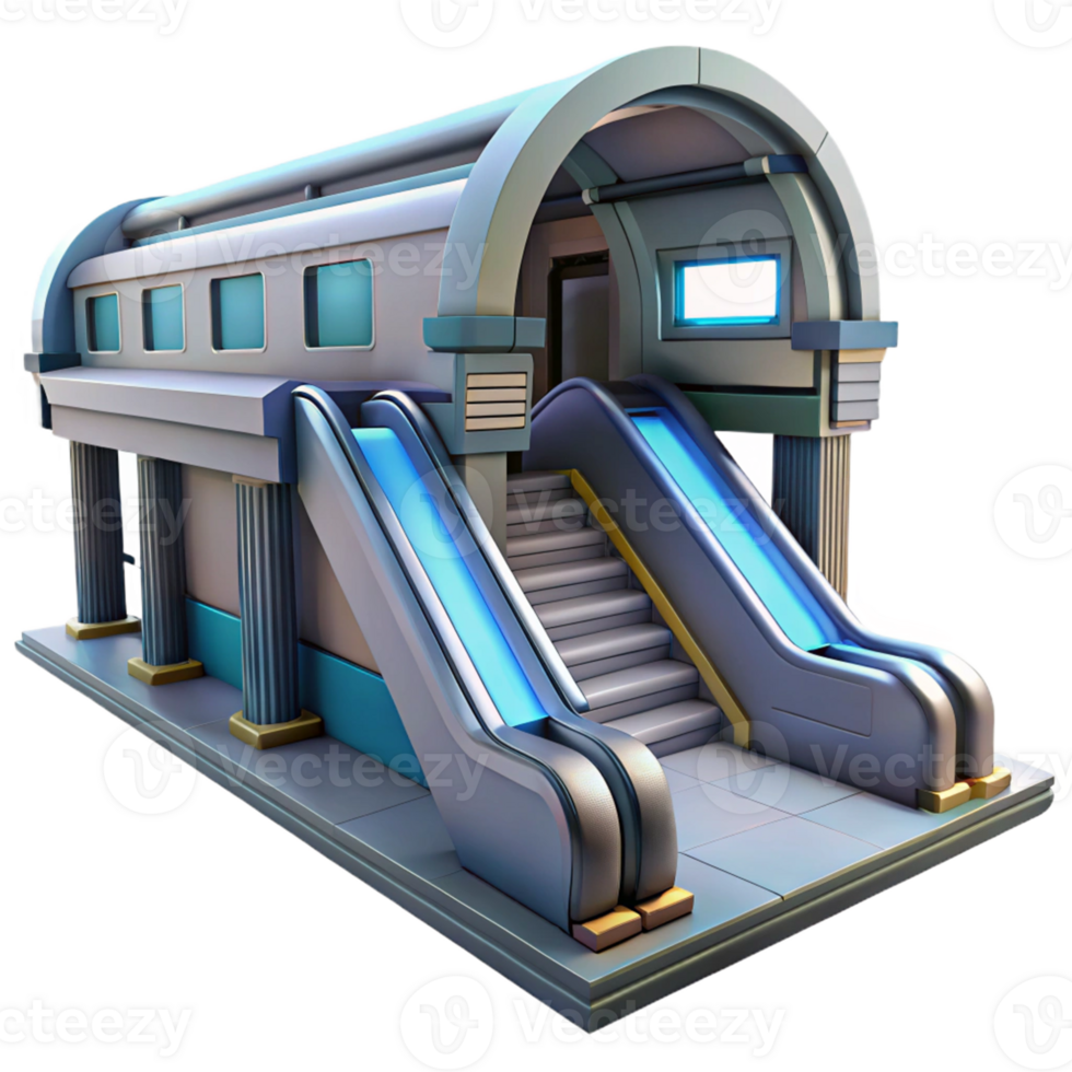 Futuristic Station with Escalators in a Visionary Three Dimensional Scene of Urban Design png