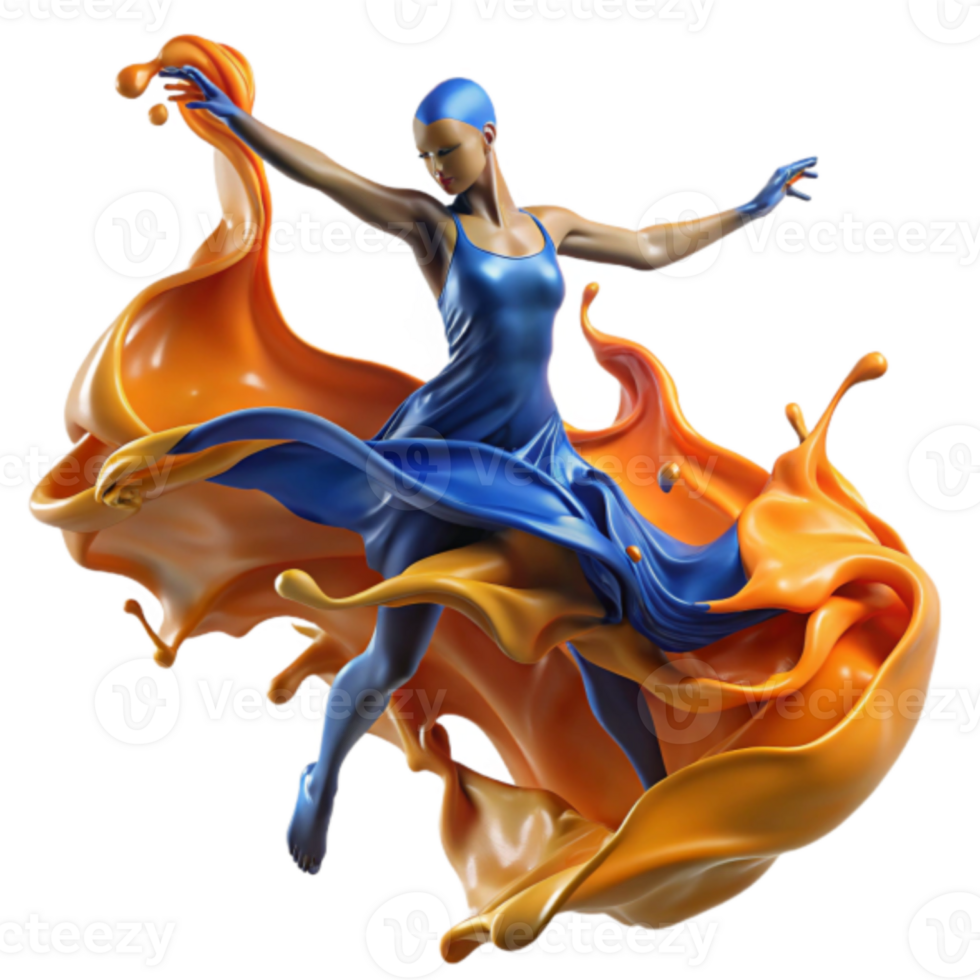 Dynamic 3D Render of a Dancer in a Blue Dress Emerging from Orange Paint Splash png