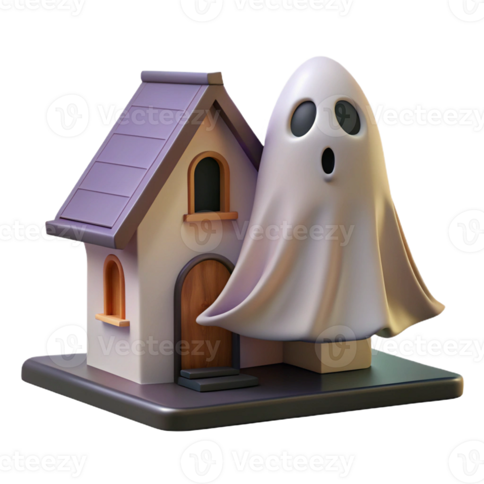 Spooky House with Ghost 3D Model A haunted house brought to life in a three-dimensional model, complete with a ghostly presence. png