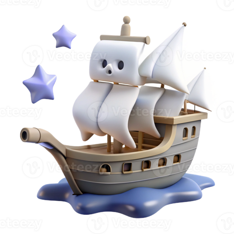 Sailing Ship 3D Model Stars Sea A whimsical 3D model of a sailing ship, capturing the essence of adventure and playful design. png