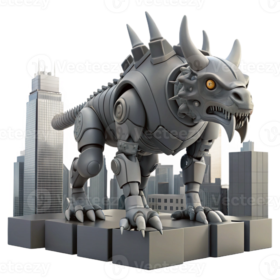 Mech Dragon City Rampage A dynamic 3D render of a mech dragon rampaging through a city, blending fantasy with advanced technology. png