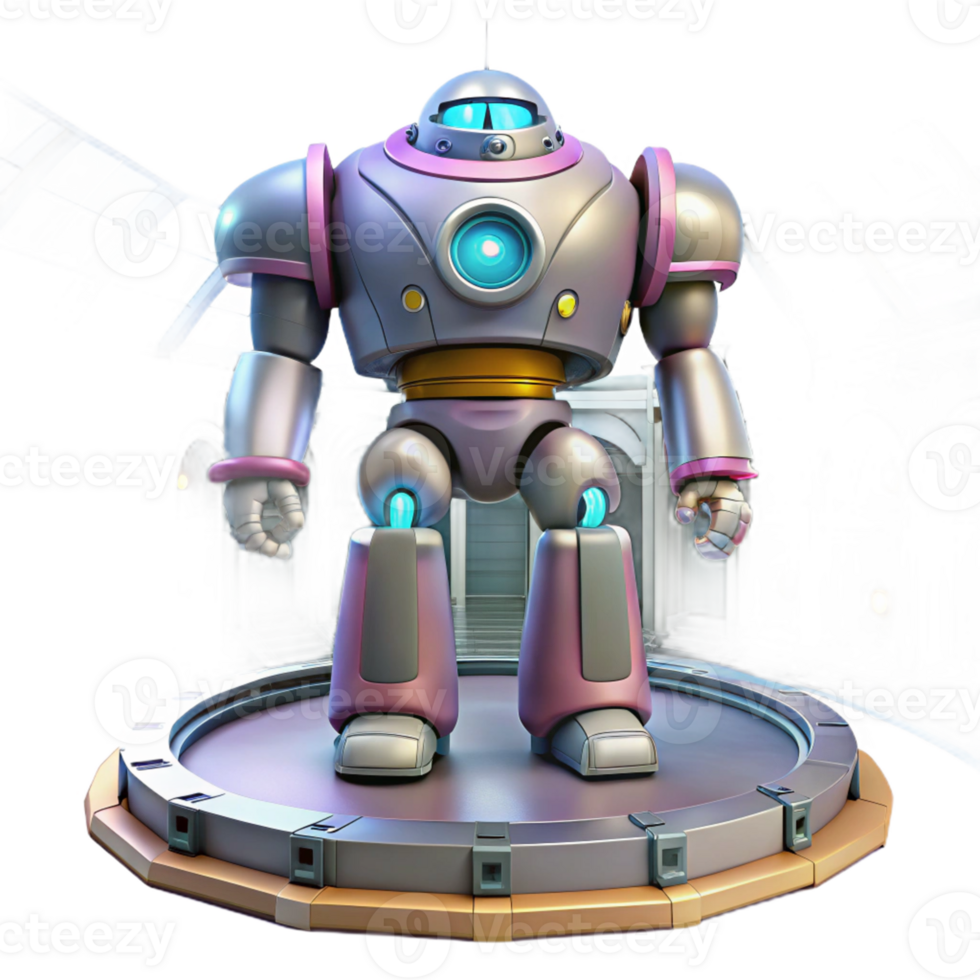 Futuristic Robot on Platform A futuristic 3D model of a robot on a platform, showcasing its advanced design and technological features. png