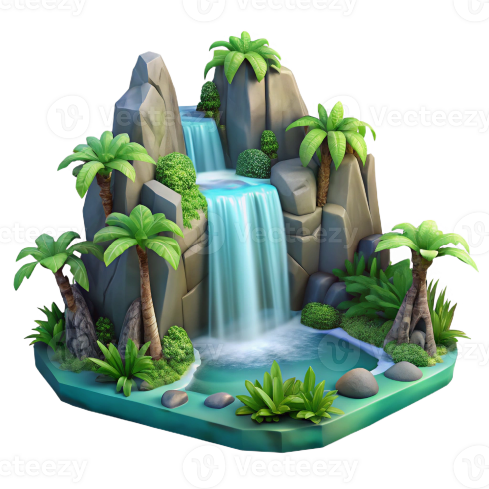 Tropical Waterfall Oasis A serene depiction of a waterfall navigating a tropical oasis, capturing the essence of tranquility in a digital world. png