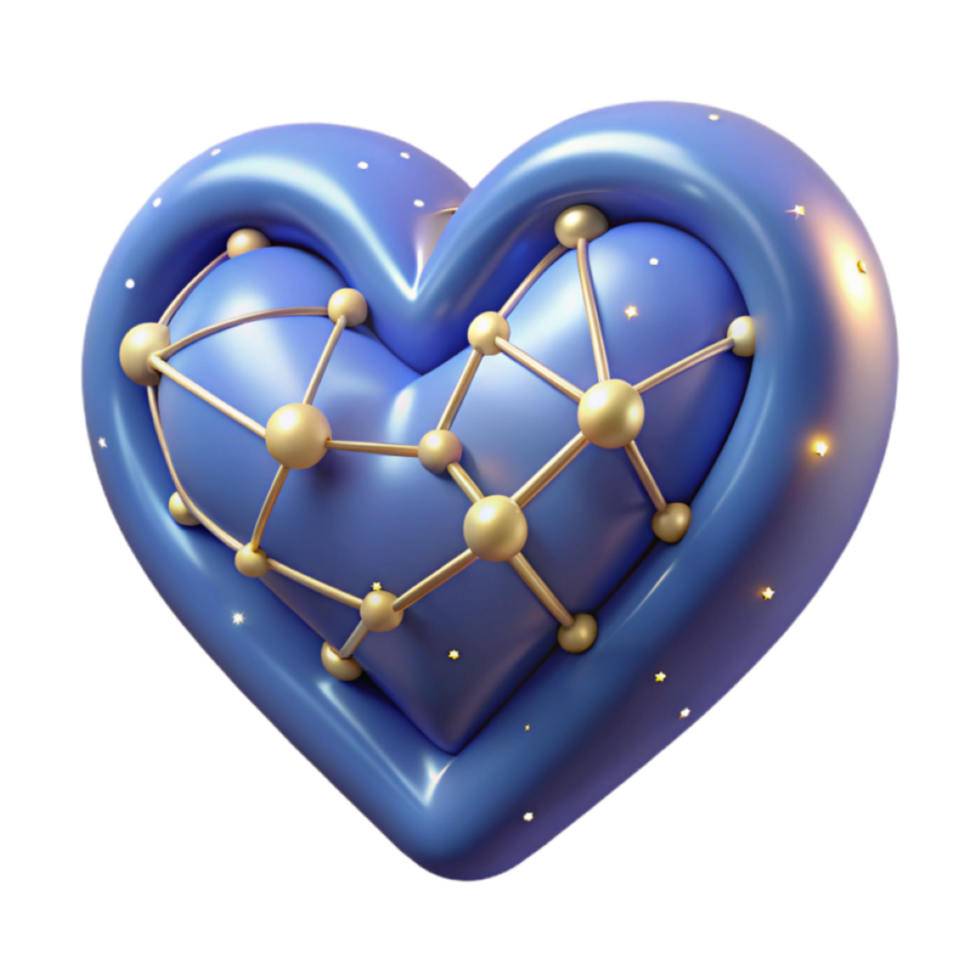 3D Render Blue Heart with Gold Network Abstract Background png