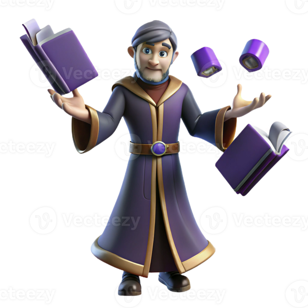 Wizard Juggling Books A magical 3D render of a wizard juggling books, showcasing their mystical abilities and playful nature. png