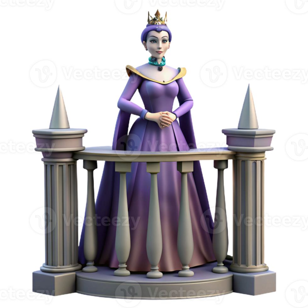 Queen on Balcony 3D Render - A majestic 3D render of a queen standing on a balcony capturing her regal presence and historical elements png