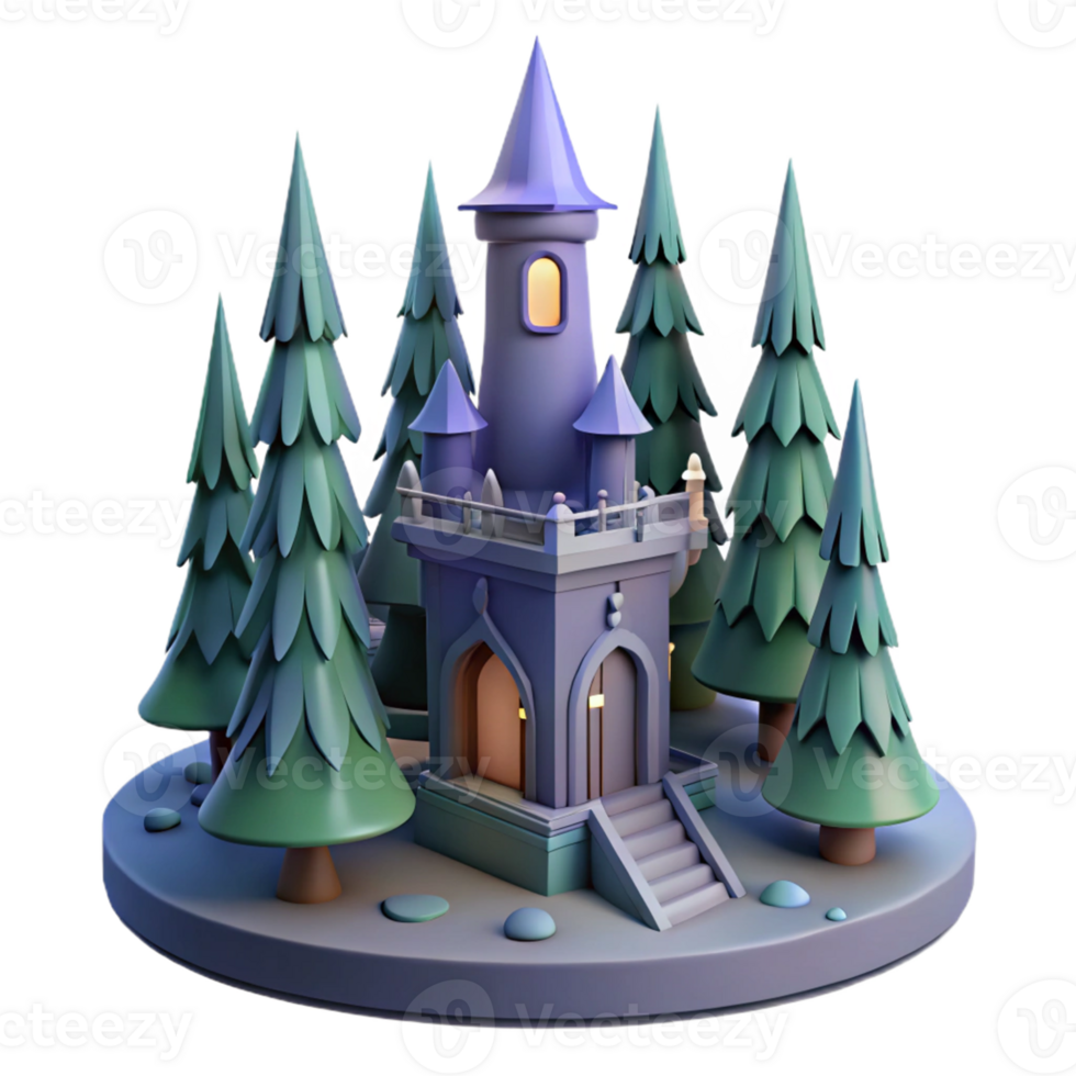 Enchanted Tower in Winter Forest in a Magical Three Dimensional Scene of Fantasy png