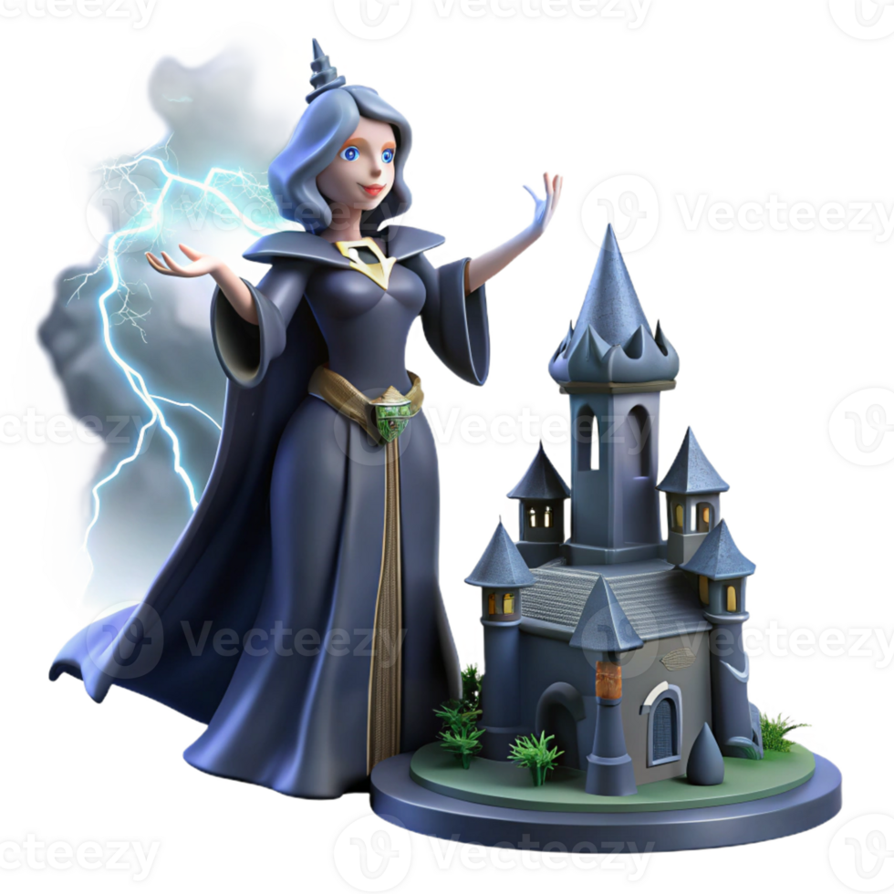 Sorceress Castle Fantasy 3D Model A magical scene of a sorceress navigating a castle, captured in a stunning three-dimensional model. png