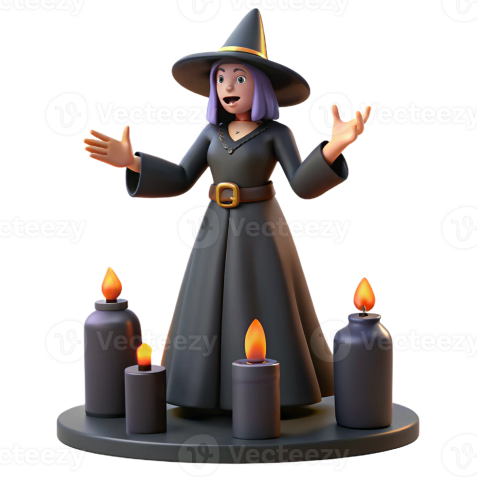 3D Witch with Candles Halloween Magic A whimsical scene of a witch surrounded by glowing candles, casting spells in a Halloween setting. png