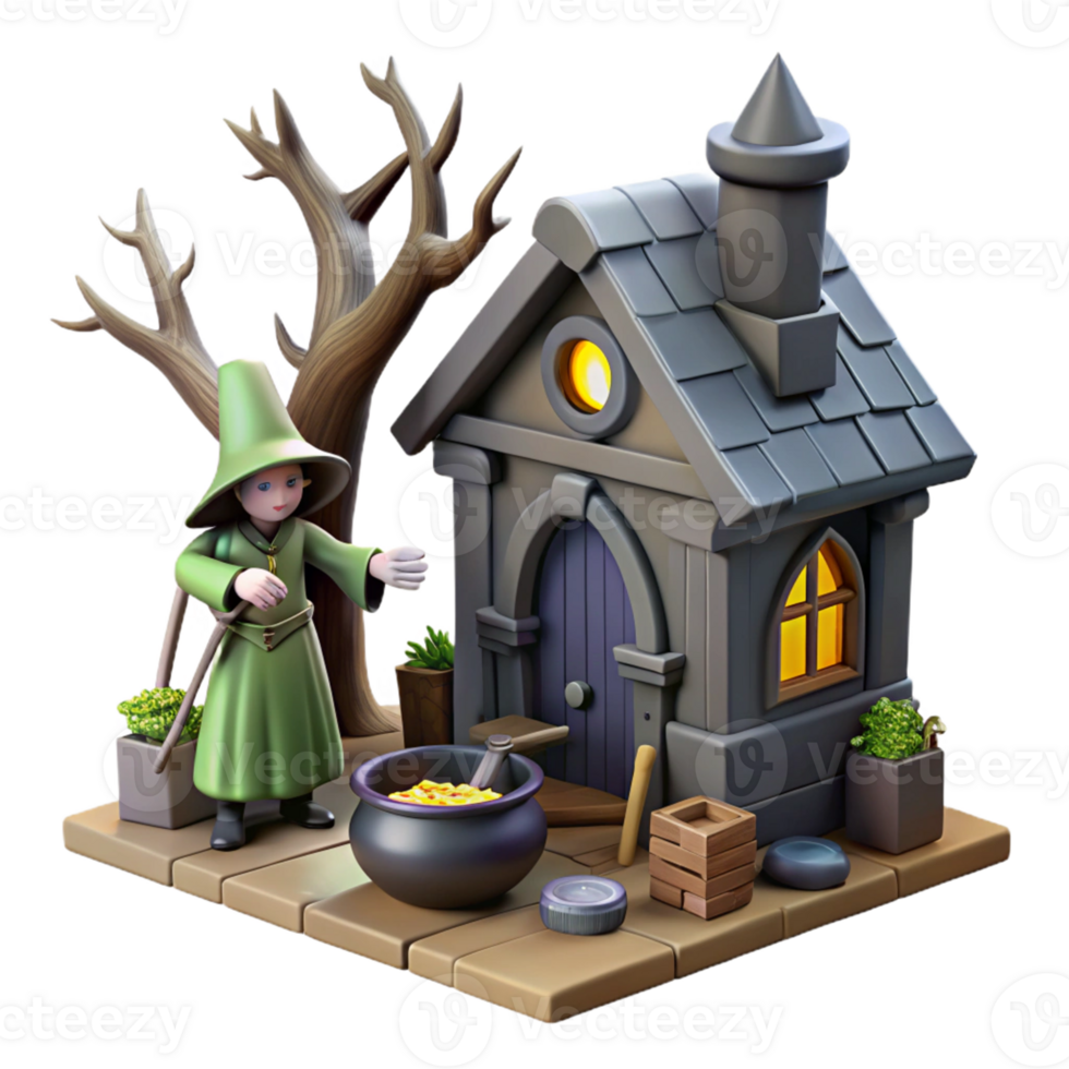 Witch's Cottage 3D Render A whimsical 3D render of a witch's cottage, capturing its magical atmosphere and enchanting design. png